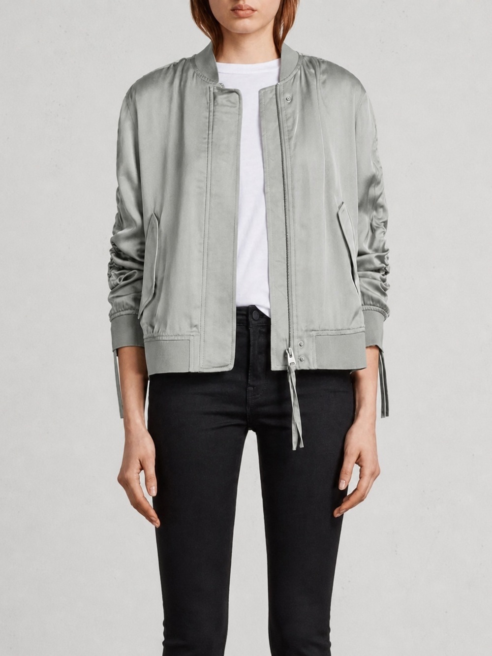 All Saints  Ellis Satin Bomber Jacket in Grey Sz XS